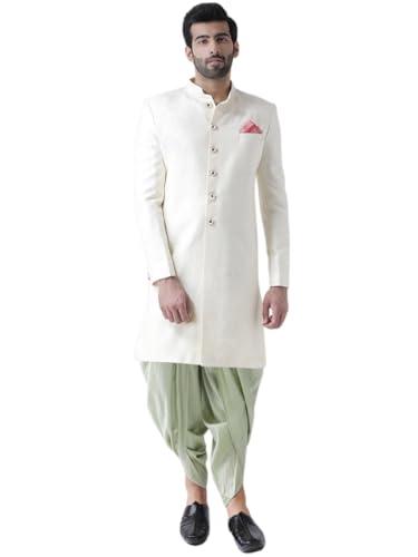 kisah men's indo western sherwani dhoti set, white jacquard woven design regular fit full sleeves mandarin colla (m)