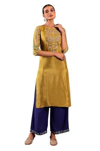 w for woman solid thread embroidery straight kurta | lightweight round neck kurta for women | solid kurta for women | premium regular fit kurta for women mustard