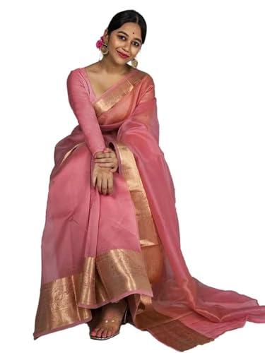 satrani women's organza dyed & jacquard border saree with unstitched blouse piece(2763s110n_light pink)