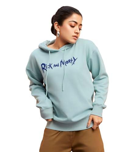 bewakoof official rick and morty merchandise women's graphic printed oversized fit full sleeve hooded neck polycotton hoodies 625467 green 2xl