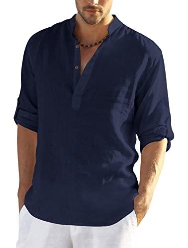 zombom men solid cotton blend full sleeve straight kurta shirt (navy blue, 2xl)