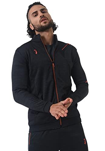 campus sutra men's black heathered activewear jacket with reflective detail for casual wear | hooded neck | long sleeve | zipper closure | polyester jacket crafted with comfort fit for everyday wear