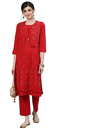 ishin women's pure cotton red embroidered straight kurta suit set with pants kplpramts-9085_l_red