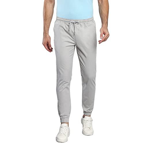 dennis lingo solid cotton men's casual drawstring joggers, straight fit, mid rise, stretchable ankle length athletic track pants, workout pants with pockets, sportswear for men, trousers light grey