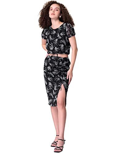 faballey department578 georgette regular black floral tie up top and midi skirt set (fco00262 xl)