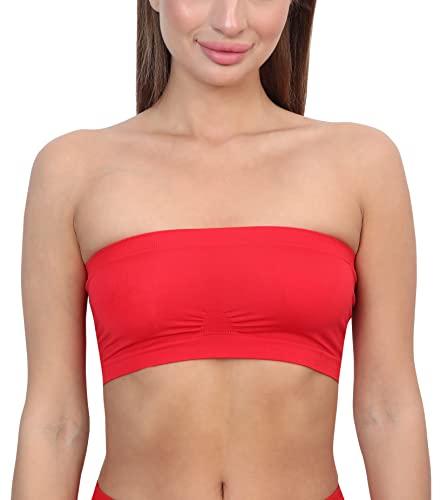 glamoras women’s nylon spandex tube bra non padded wire free stretchable seamless strapless breathable bandeau regular wear bras bralette | free size, red