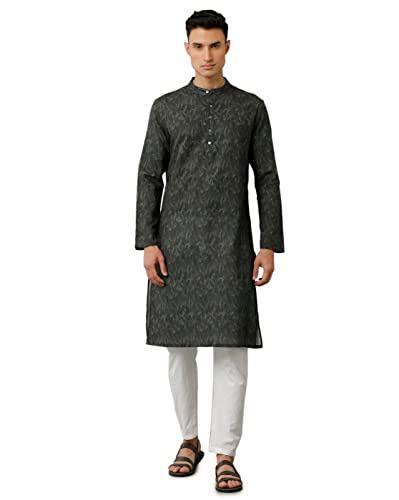 linen club men's pure linen green printed full sleeve kurta