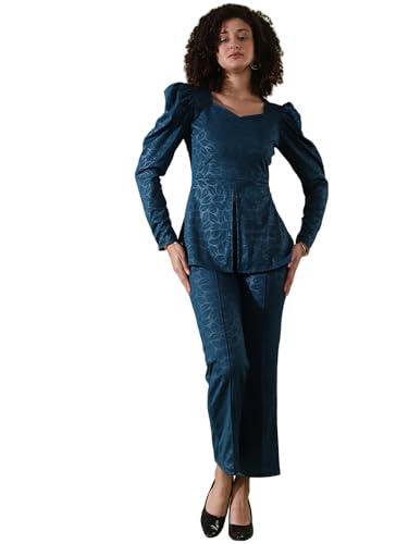 selvia women's co-ords set|puff sleeve embossed lycra sweetheart neck co-ords set|front slit top & trouser co-ords set|2 piece co-ord set (649ctk11322n-xl_teal blue)