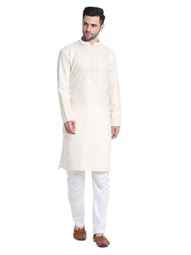 kraft india men's cotton cream solid kurta with drawstring pyjama set (size- xx-large)