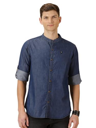 thomas scott men's smart slim fit band collar pure cotton denim casual overdyed shirt dark blue