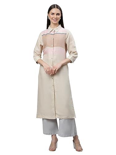 linen club woman pure linen beige colourblocked kurta for women (size:xl)-lwkist0090199