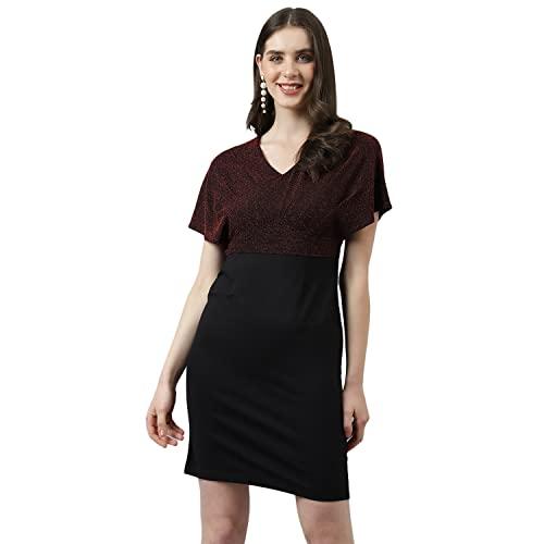 latin quarters women maroon sheath dress with v neck & cap sleeves