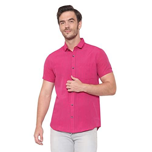 latest chikan men's cotton striped half sleeves shirt (small, pink)