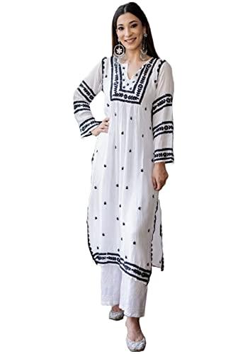 anni designer women's cotton blend embroidered straight kurta (stho-white-nw_l_white_large)