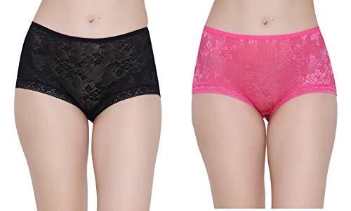 glamoras womens cotton lace net material low rise floral design panty with lace trim, size-medium, black pink (pack of 2)