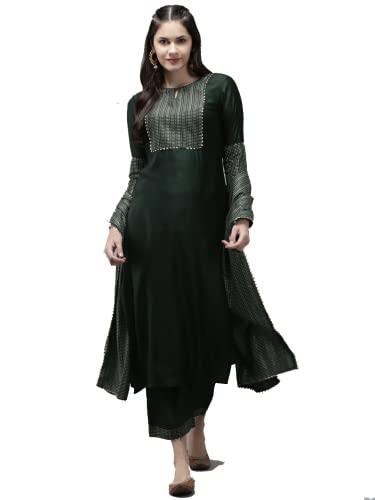 meera fab women's rayon printed kurta with palazzo & dupatta set dark green