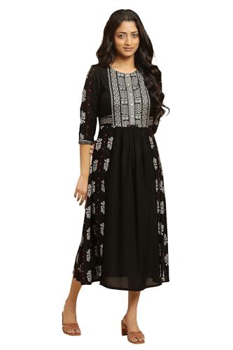 w for woman black printed gathered dress_23auw19445-312982_l