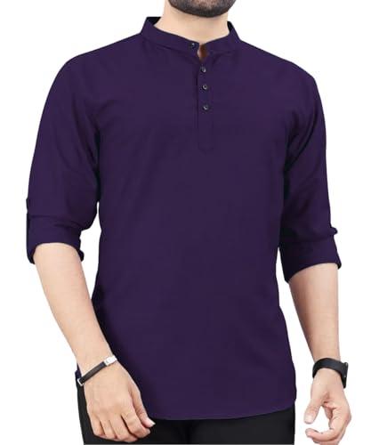 deemoon men's cotton blend full sleeve short kurta with mandarin collar crafted from a premium cotton blend purple