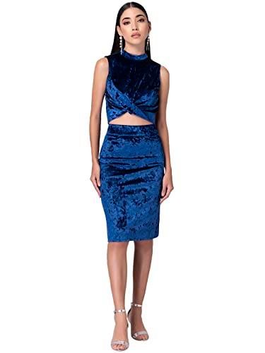 faballey women's woven navy velour front knot top and pencil skirt co-ord set knee-length dress (fco00436 blue