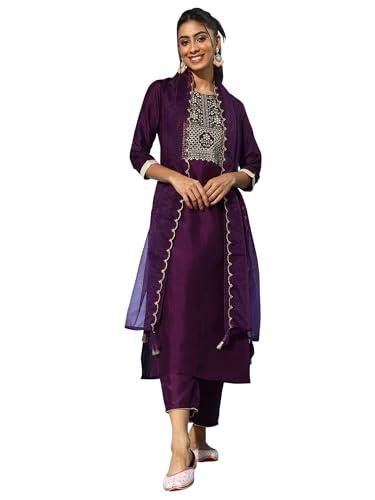 indo era women's magenta polyester yoke design straight kurta & palazzo with dupatta set (bogss4271_x-small)