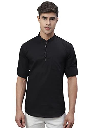 majestic man cotton solid slim fit designer short kurta for men (x-large, black)