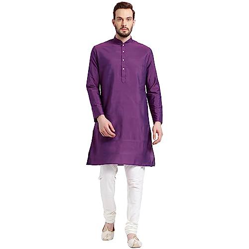 kisah cotton blend purple kurta for men, full sleaves, knee length, straight, regular fit, mandarin collar, geometric embroidered mirror work ethnic casual