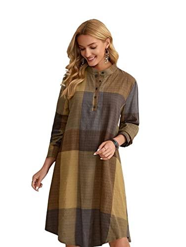 leriya fashion western dress || rayon color block half button front dress for women || long cuff sleeve & stand collared neck tunic dress || office || summer dresses for women. (small, mustard)