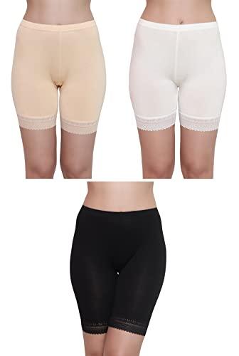 glamoras cotton spandex high waist under skirt shorts with lace for women & girls | under dress shorts stretchable skin fit tights cycling shorts biker bicycle shorts size-l, black/beige/white