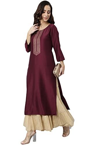 janasya women's wine poly silk solid straight kurta(jne3979-kr-xxxl)