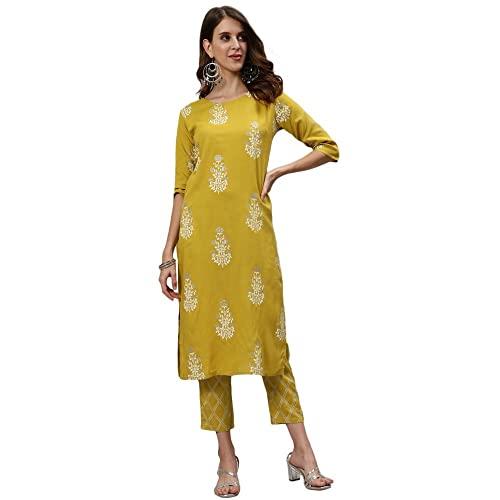 anubhutee women's rayon green ethnic motifs printed straight kurta suit set with pants