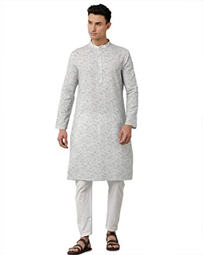 linen club men's pure linen grey printed full sleeve kurta