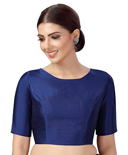 studio shringaar women's polyester elbow length sleeves plain coloured saree blouse(navy blue, 42)