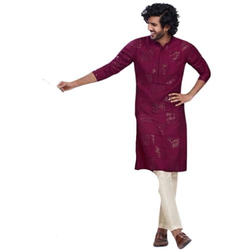 kisah men's kurta, burgundy cotton, embellished regular fit mandarin collar long sleeves (s)