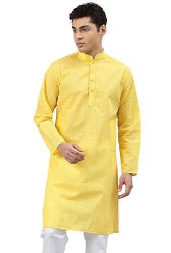 majestic man cotton blend lucknowi chikankari embroidered ethnic motifs kurta (medium, yellow)