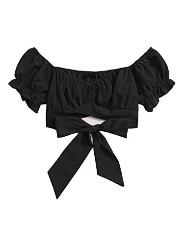 aahwan black tied hem puff sleeve slim fit crop top for women's & girls' (187-black-m)