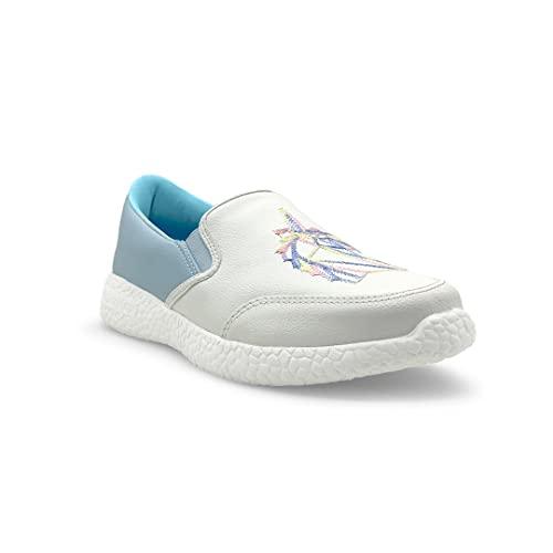 kazarmax women white blue unicorn embroidered slipon sneakers - 4 uk