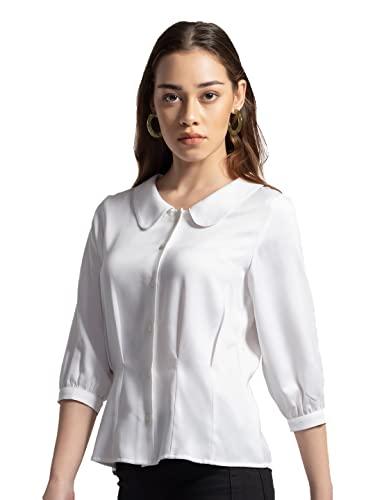 shaye women's casual solid white shirts with peter pan collar |three-quarter sleeves |satin fabric