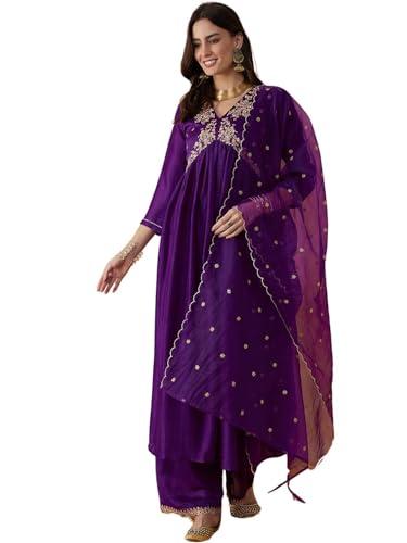 amayra women's embroidered alia cut kurta with pant and dupatta set(purple,xxl)