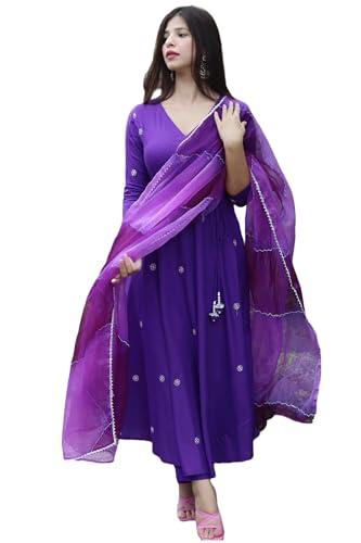 anni designer women's cotton blend anarkali embroidered kurta with pant & dupatta (gsk-purple_s_purple_small)