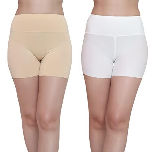 glamoras® women’s high waist ice silk stretchable seamless comfortable safety shorts boy short panties soft & comfy knitted under skirt shorts cycling and tights shorts size-xl, beige/white pack of 2