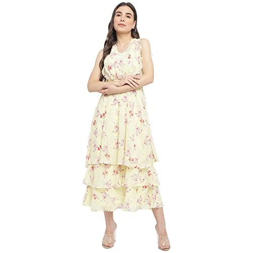 latin quarters women's yellow cap sleeve printed polyester dress_s