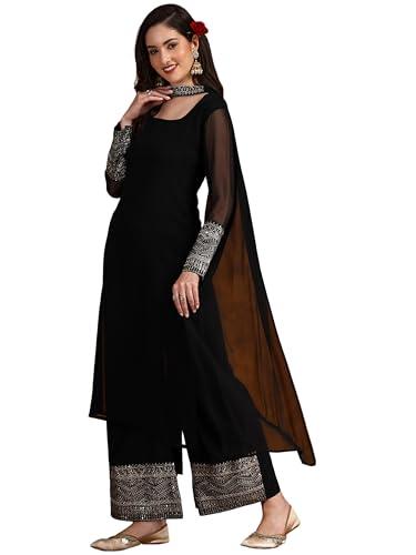 ethnicjunction womens georgette lace work kurta pant and dupatta set black, medium