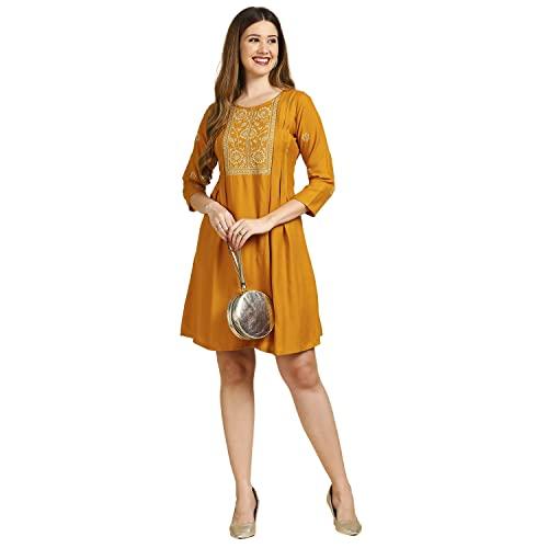 anubhutee women's rayon mustard yellow thread work embroidered a-line indo western dress