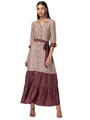 indya beige maroon printed tiered shirt kurta