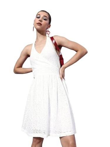 style quotient women white solid pure cotton halter neck schiffli dress