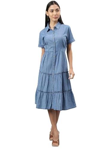 latin quarters women blue short sleeves shirt collar a-line solid dress for casual wear_m