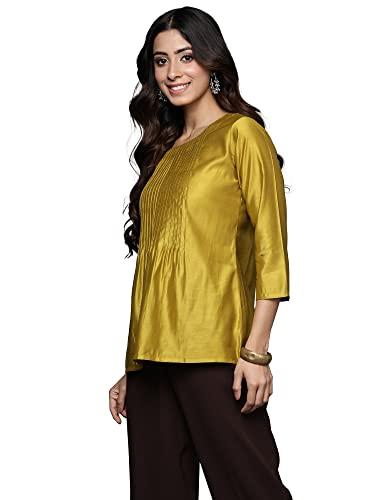 indo era women's rayon solid regular ethnic tunic top (tp1ol5004s_olive_s-size)