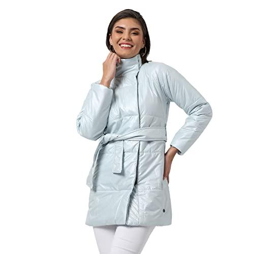 campus sutra women's blue vinyl puffer regular fit bomber jacket for winter wear | standing collar | full sleeve | zipper | casual jacket for woman & girl | western stylish jacket for women