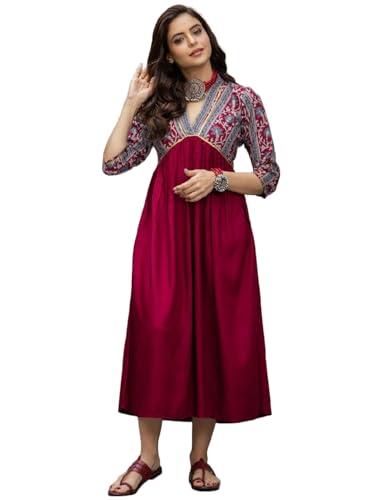 gosriki women's viscose rayon maroon & grey printed flared kurta (ruh-maroon-dress_l-gs_maroon_large)