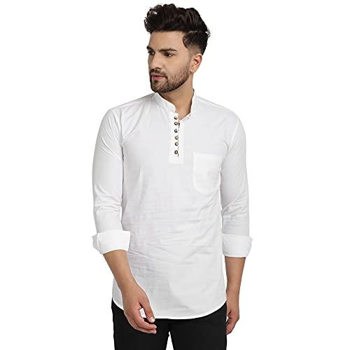 majestic man cotton solid casual short kurta for men (white,s)